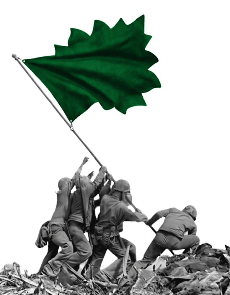 A green victory flag raised by a group of people